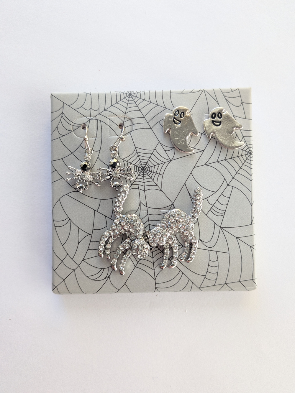 Silver Tone Halloween Spider & Ghost Earring Set